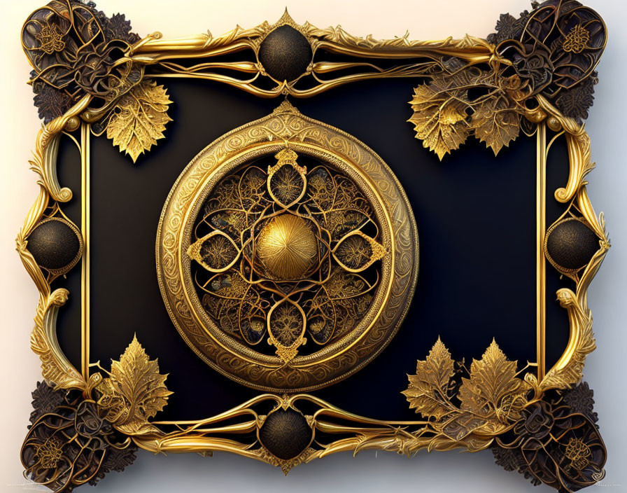 Golden Frame with Leaf Motifs Surrounding Black Background and Central Mandala Pattern