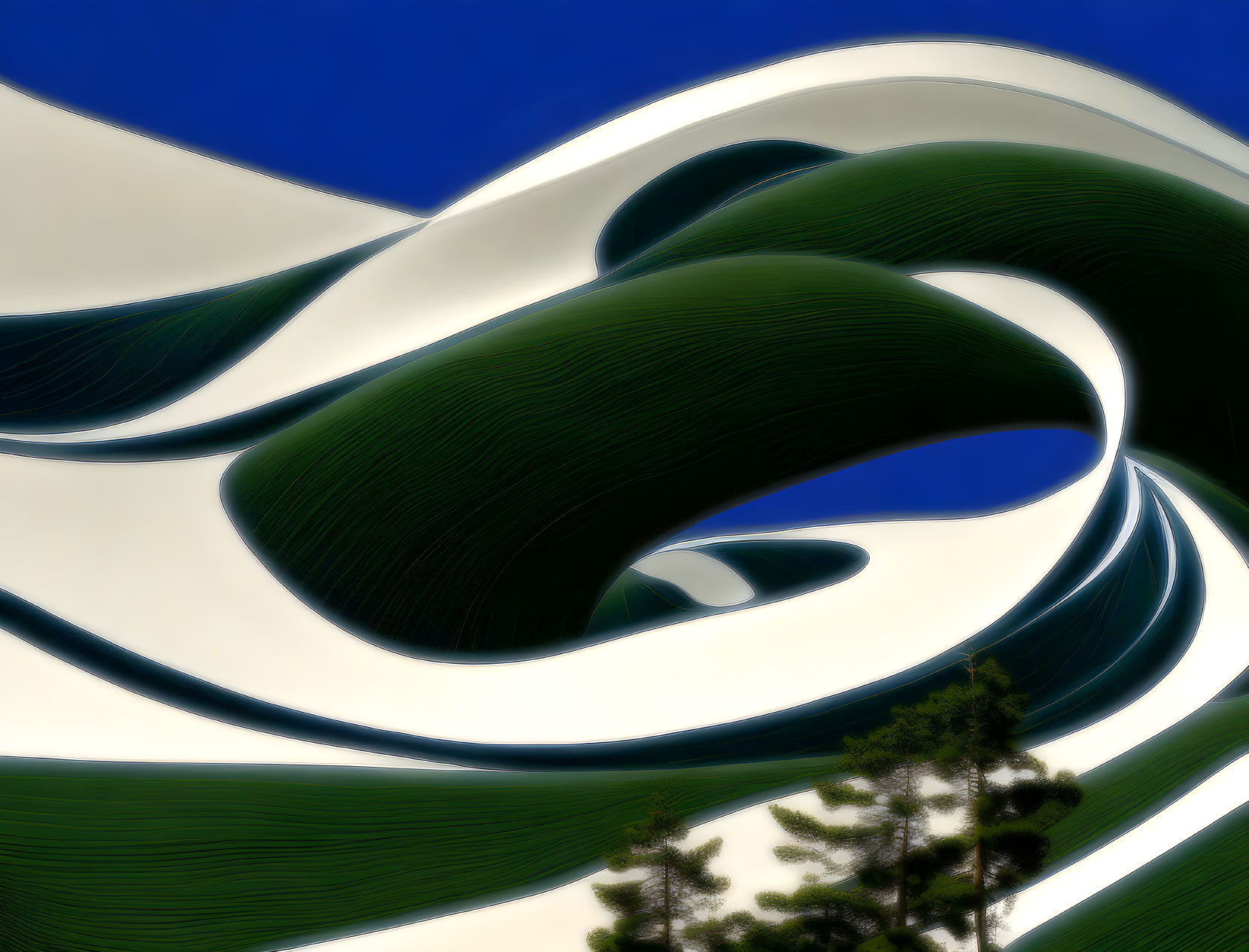 Green and White Abstract Patterns with Blue Sky and Trees