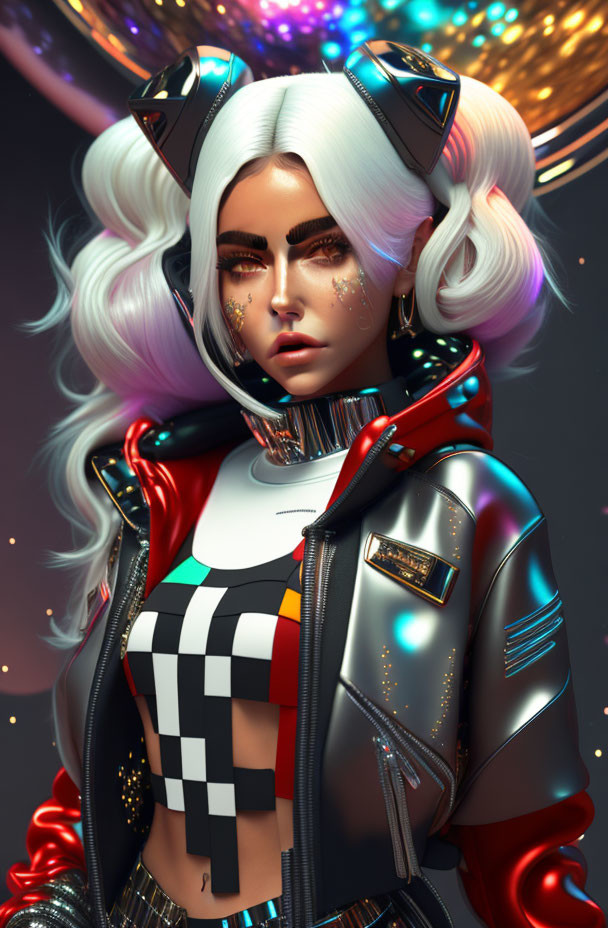 Digital portrait of woman with white hair and futuristic headphones in colorful jacket