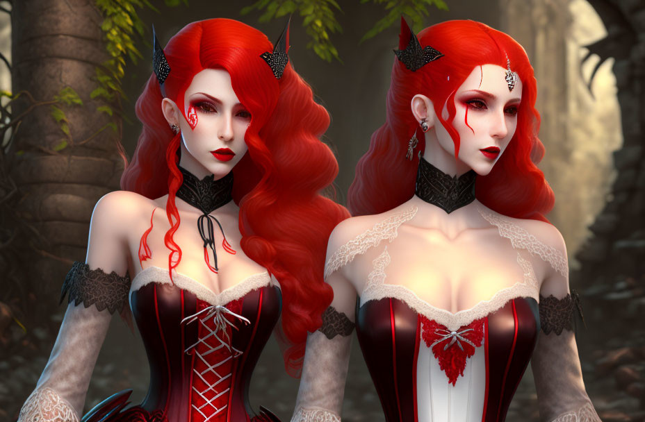 Identical fantasy characters with red hair and pointed ears in red and black attire in a forest.