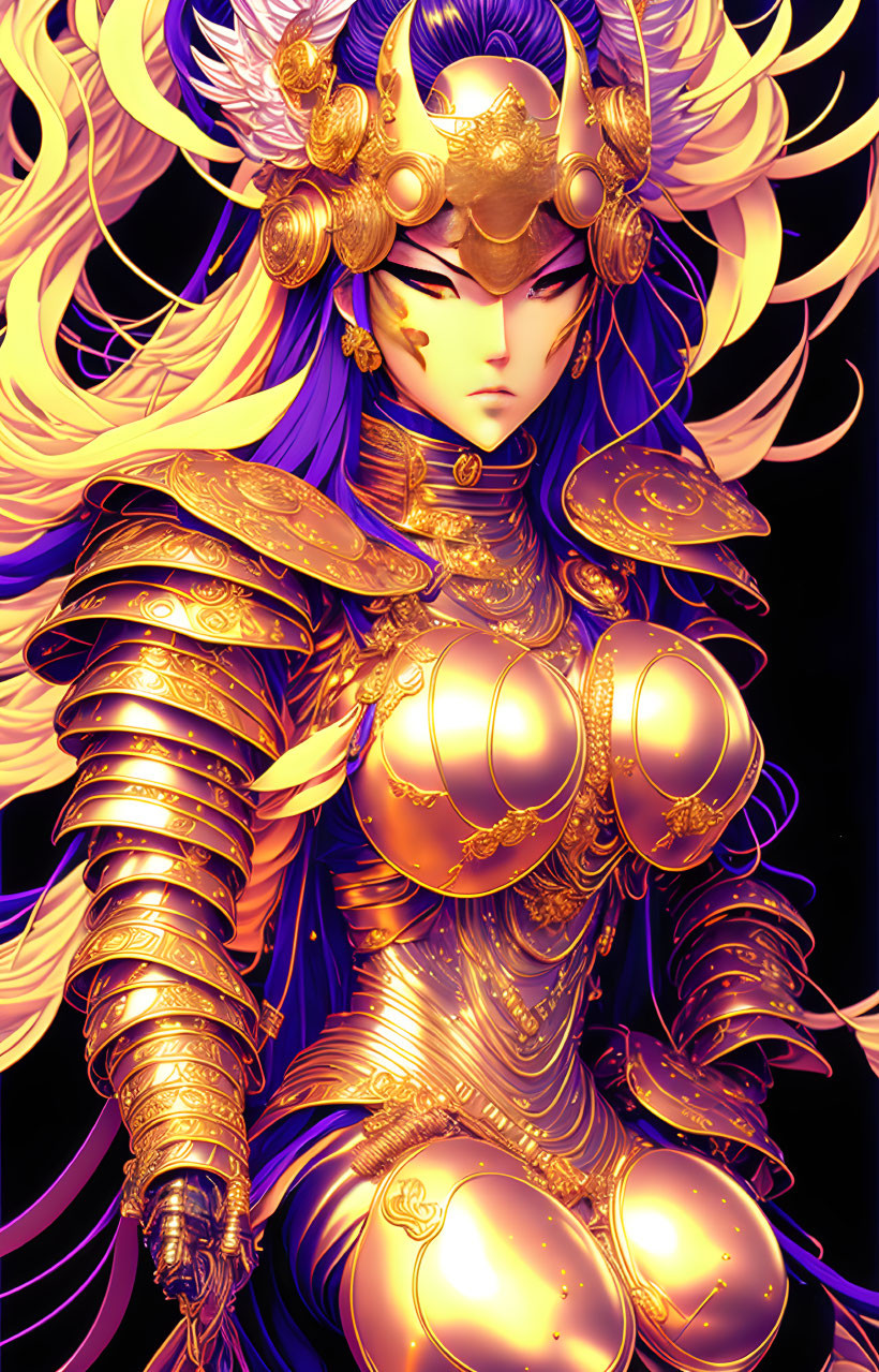 Golden armored character with ornate helmet and flowing hair.