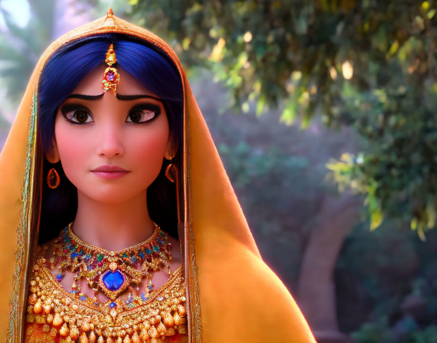 Blue-haired animated character in Indian attire under yellow veil, against blurred background