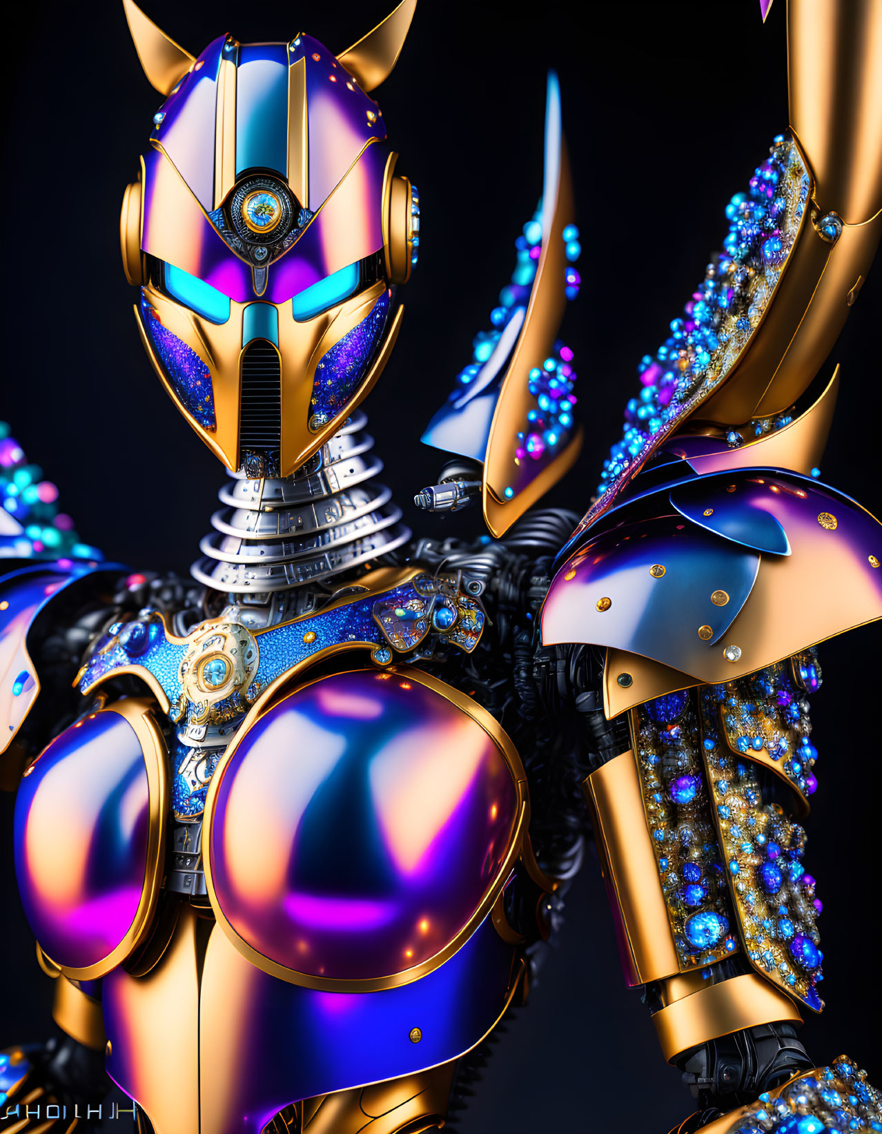 Detailed Close-Up: Gem-Encrusted Golden Robot with Futuristic Helmet & Ornate Armor