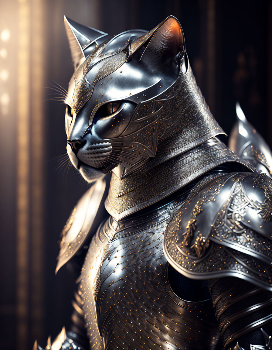 Detailed 3D Illustration of Anthropomorphic Cat in Medieval Armor