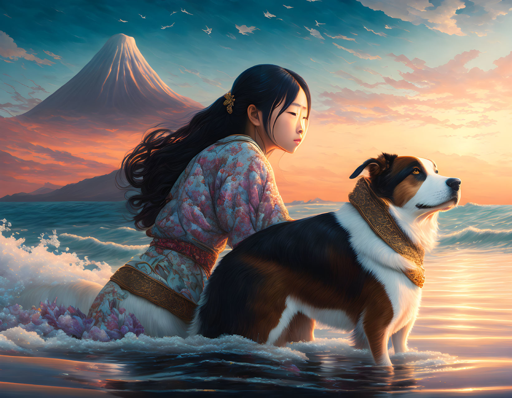 Girl in traditional attire with dog watching sunset over ocean and mountain.