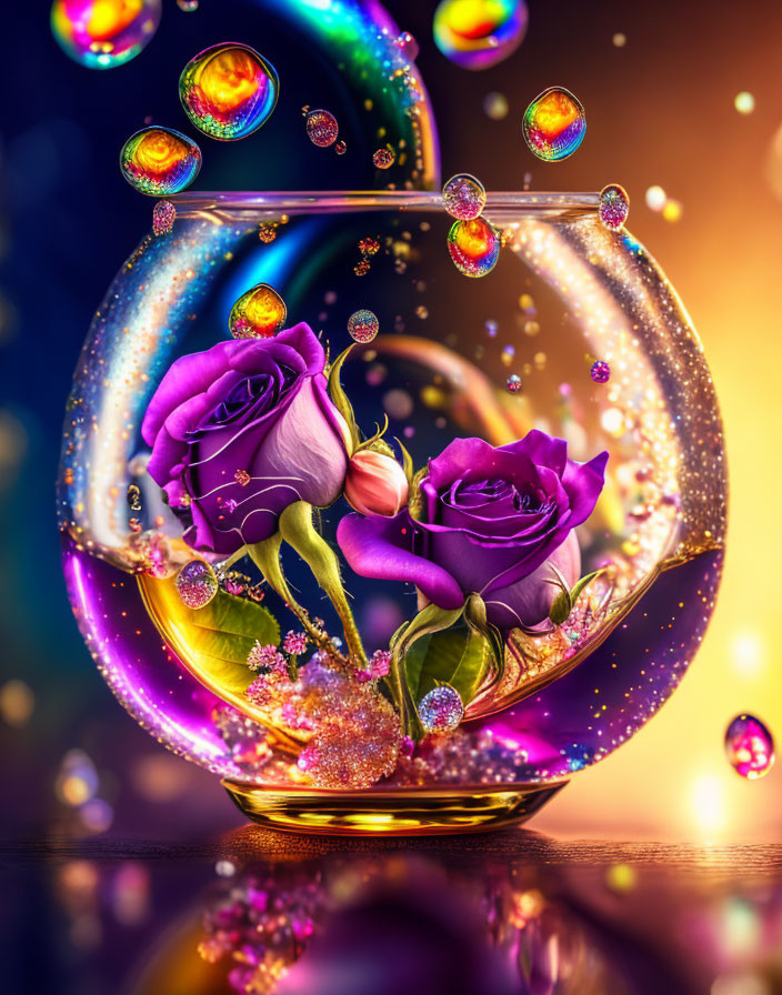 Colorful Digital Art: Purple Roses in Transparent Fishbowl