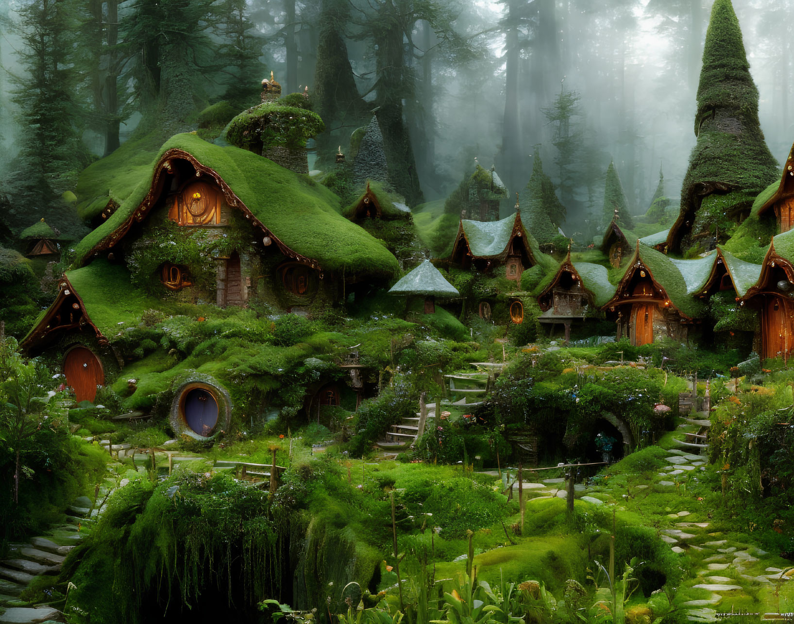 Moss-Covered Forest Village with Whimsical Houses and Stone Pathways