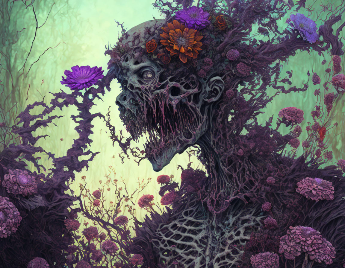 Macabre artwork: skull entwined with branches & flowers