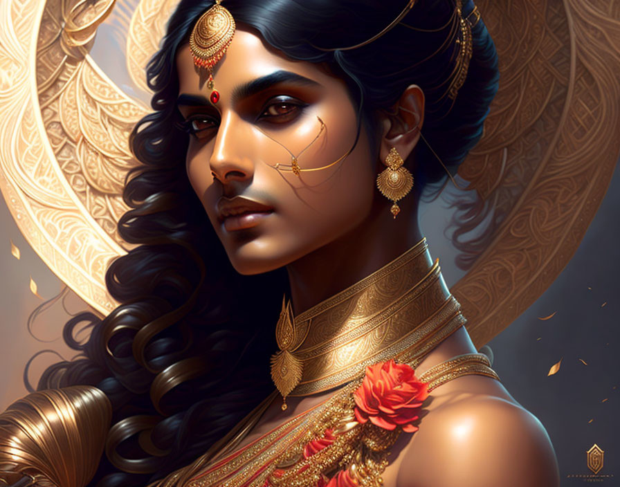 Illustrated portrait of woman with gold jewelry and red bindi on golden backdrop