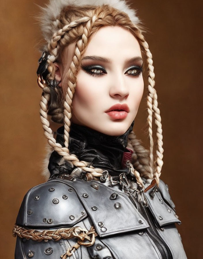 Person with dramatic makeup, braided hair, fur-trimmed hat, and armored shoulder piece.