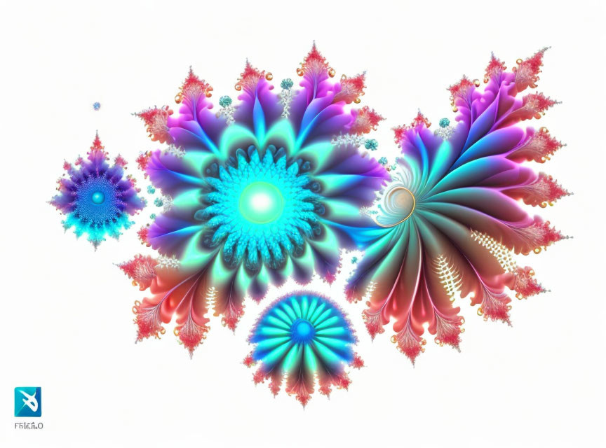 Colorful Fractal Flower Patterns in Blue, Pink, and Purple