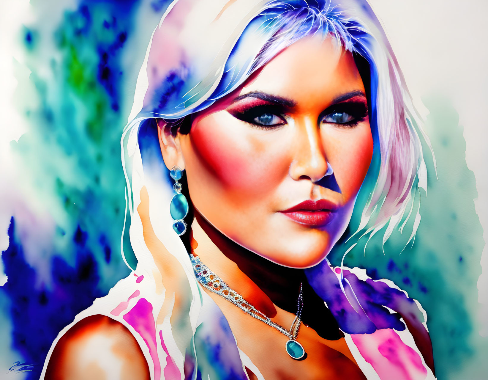 Colorful watercolor portrait of a woman with bold makeup and blue accessories