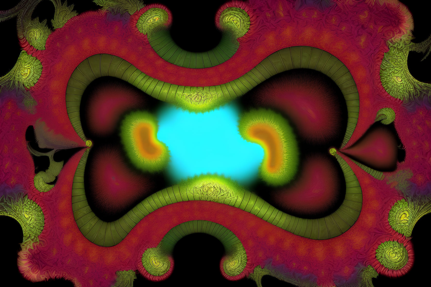 Vibrant red, green, and blue fractal patterns in symmetrical design