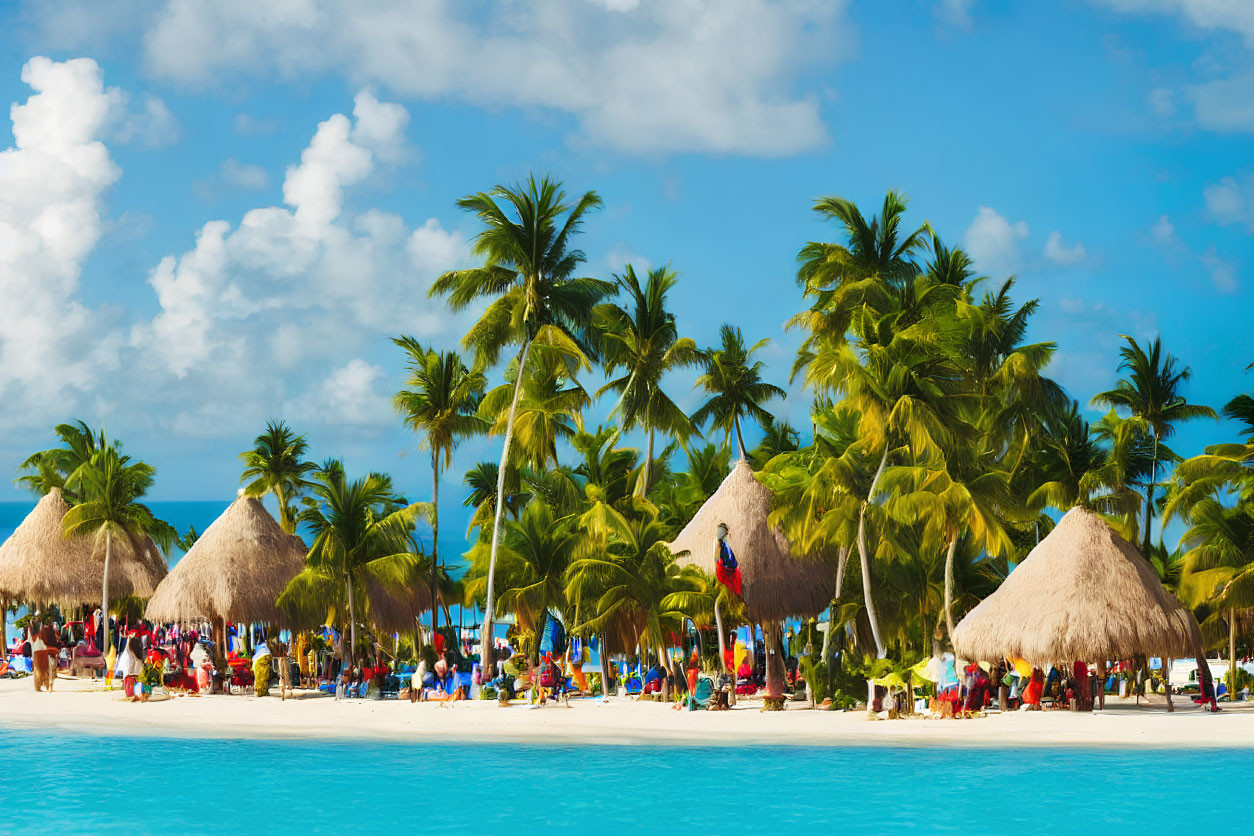 Tropical beach scene with thatched huts, coconut palms, and people enjoying sunny weather