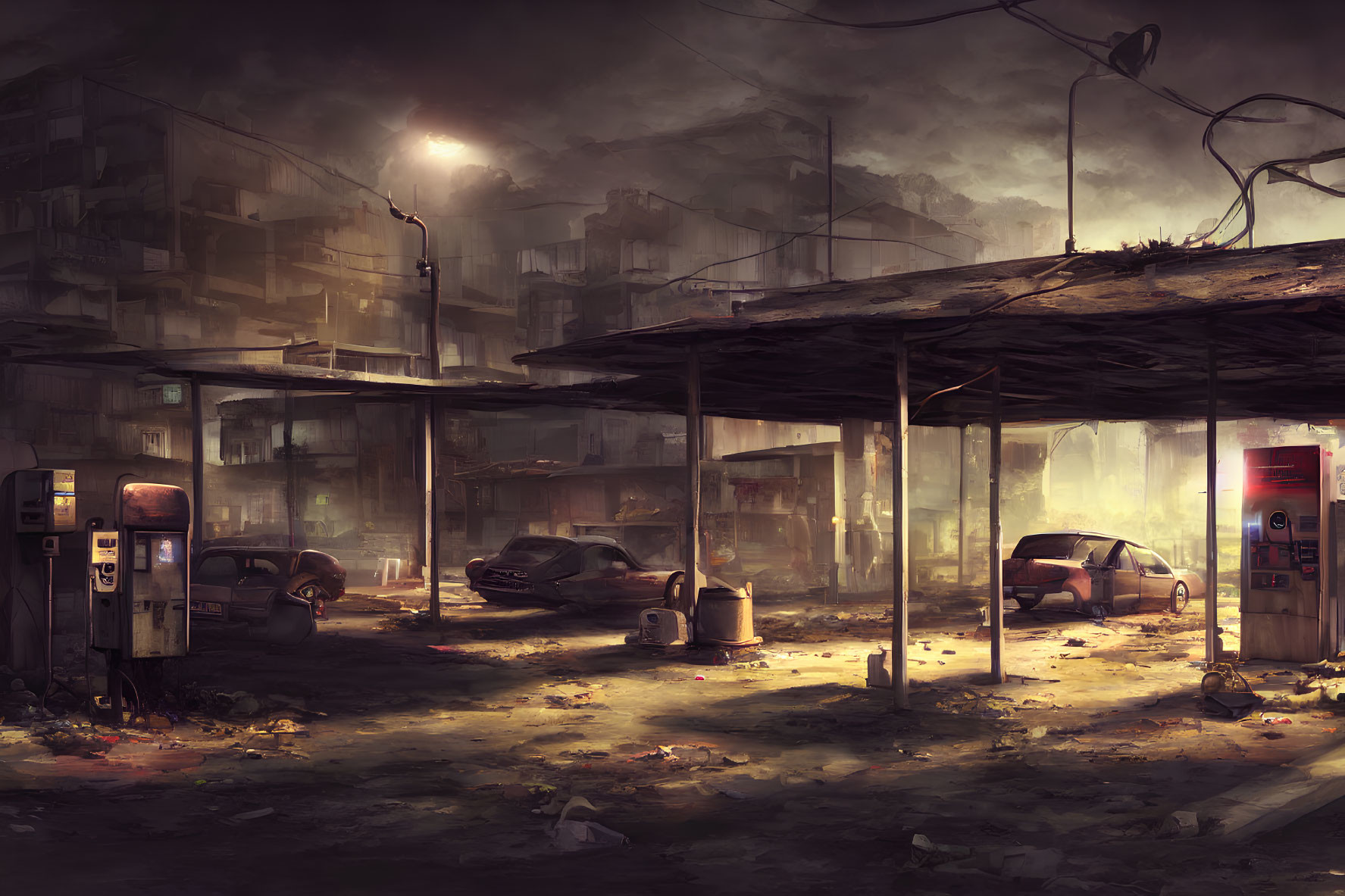 Desolate post-apocalyptic urban landscape with abandoned cars and dilapidated buildings