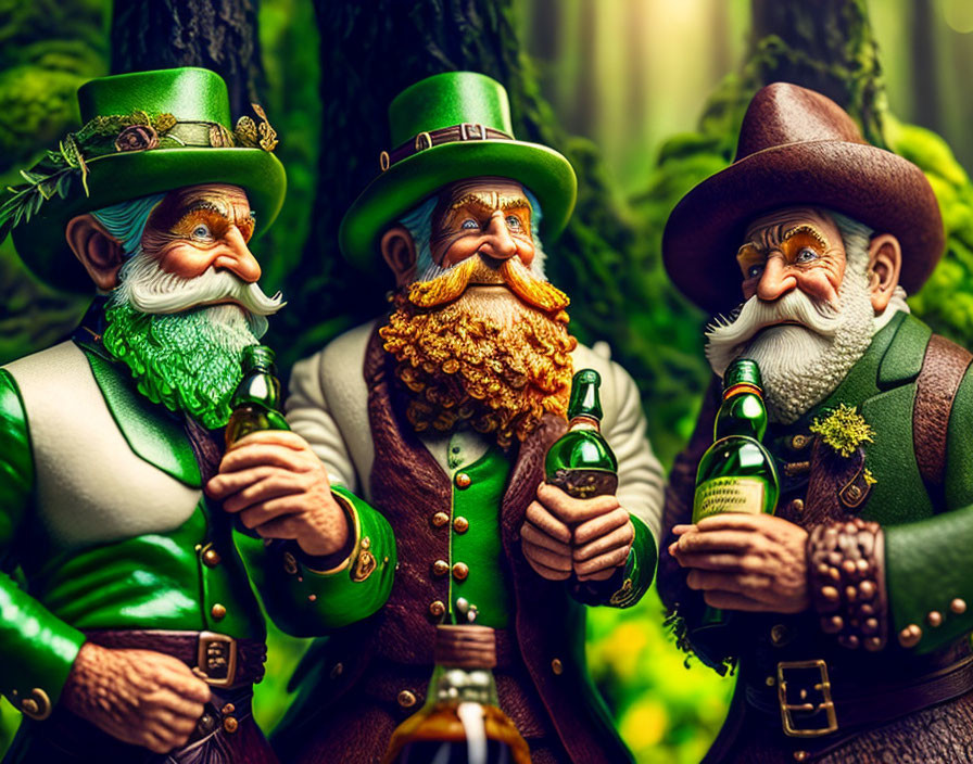 Three jovial leprechaun figures in green outfits holding beer bottles amidst lush greenery