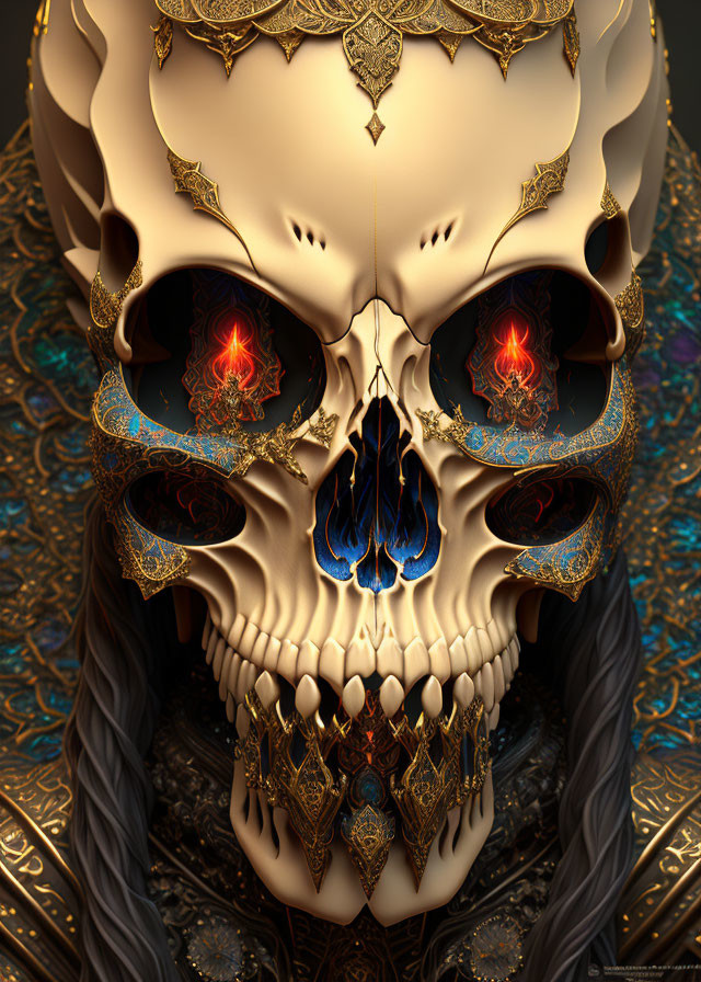 Golden Skull with Intricate Patterns and Glowing Red Eyes on Ornate Background