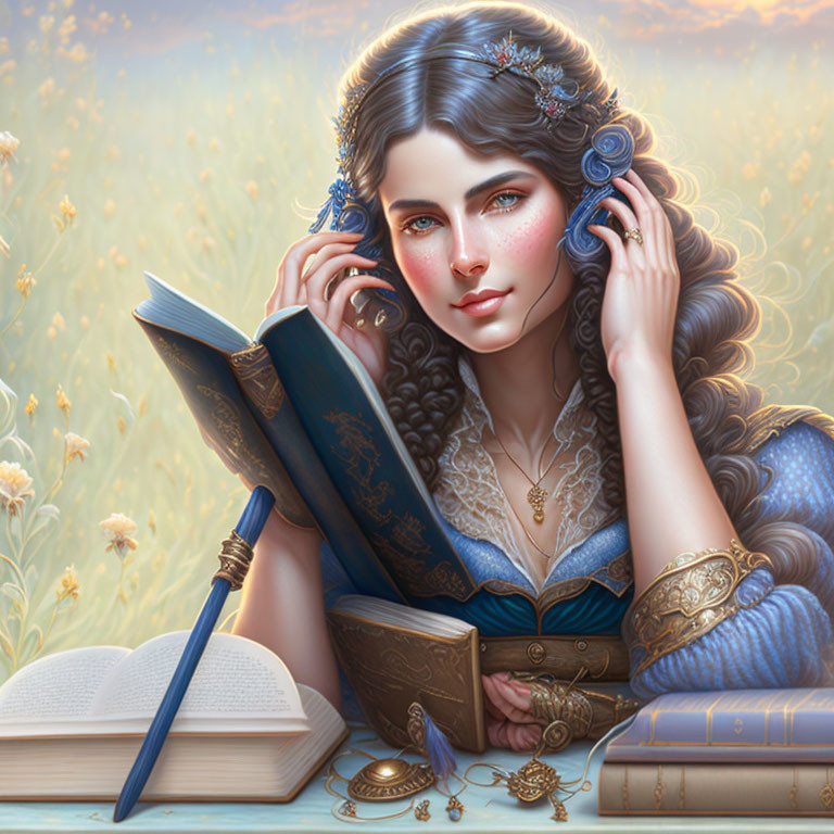 Fantasy illustration of young woman in blue attire reading among blooming flowers