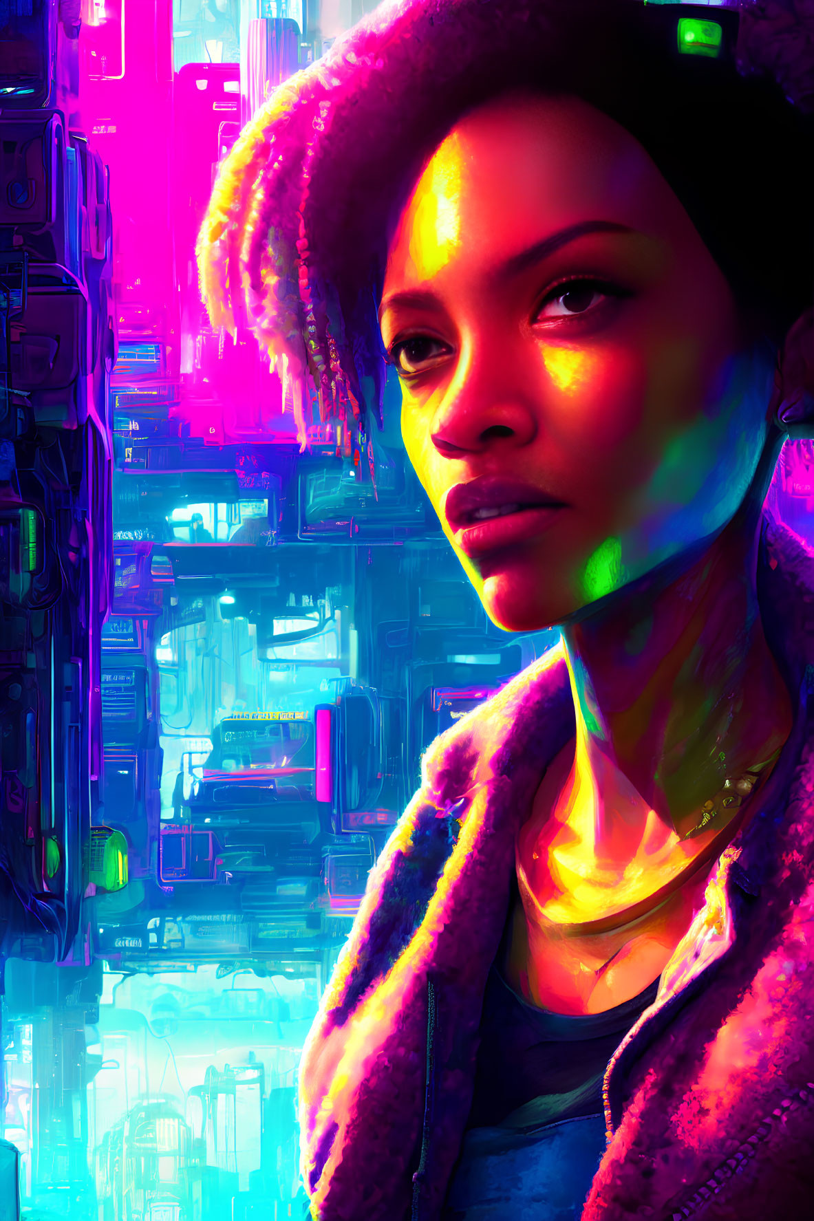 Contemplative woman in neon cyberpunk cityscape