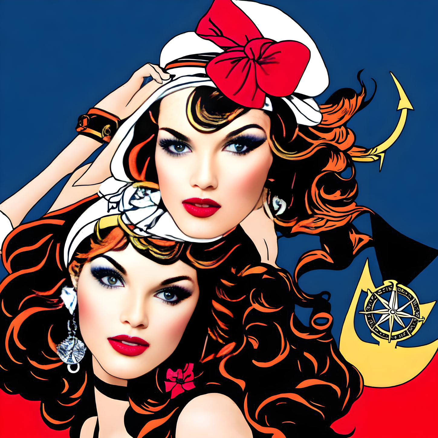 Two women with stylish makeup and voluminous hair in nautical-themed illustration.