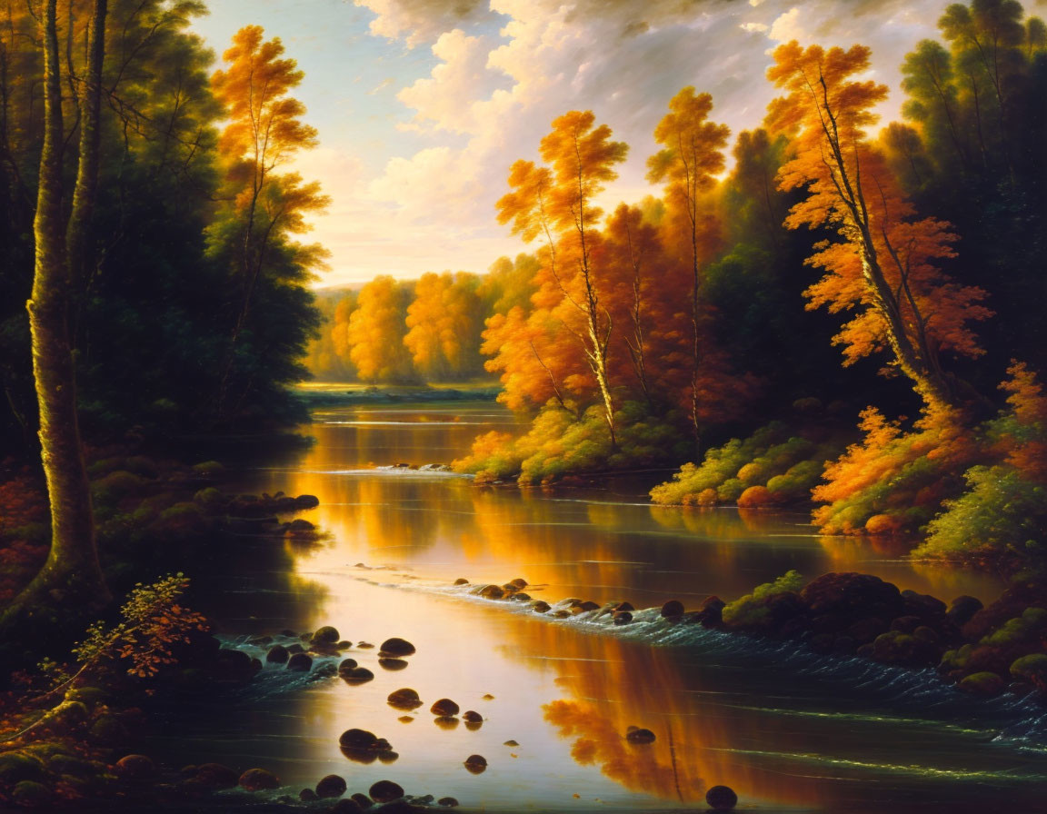 Tranquil autumn landscape with river reflecting warm hues