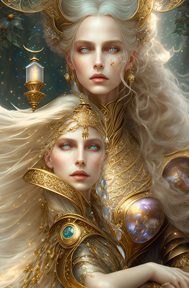 Ethereal women in golden armor and headdresses with luminous skin