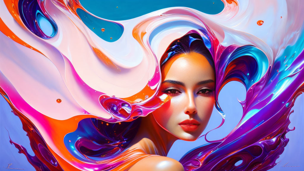 Colorful digital artwork: Woman's face with flowing liquid-like hair in blue, pink, and orange