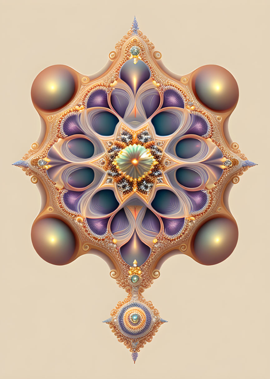 Symmetrical fractal design with spherical elements in warm colors