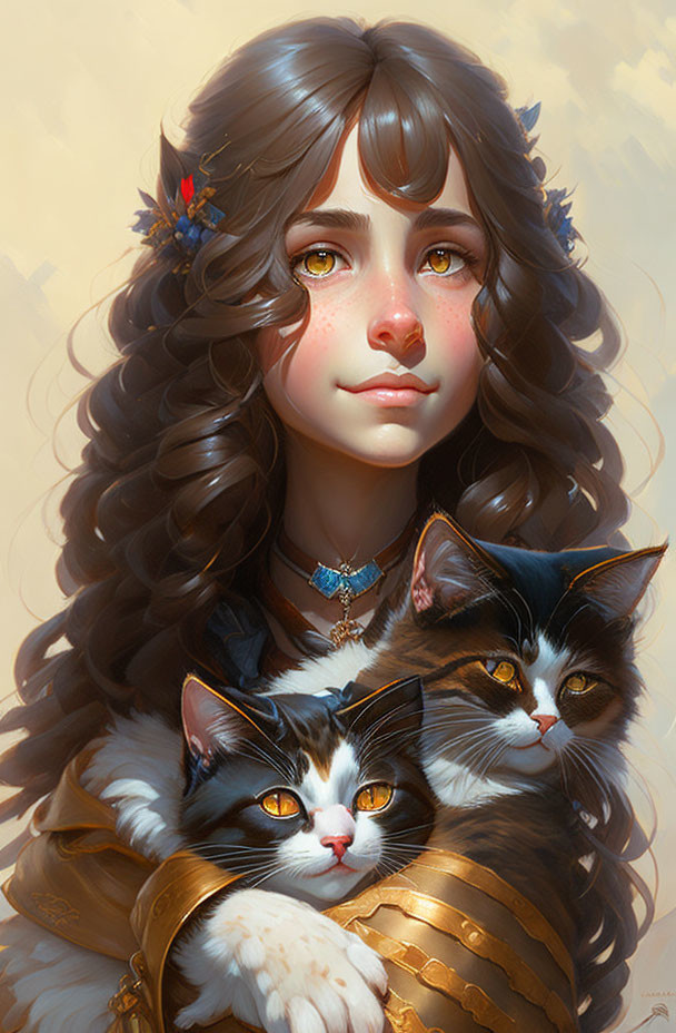 Portrait of a girl with expressive eyes, wavy brown hair, holding two cats