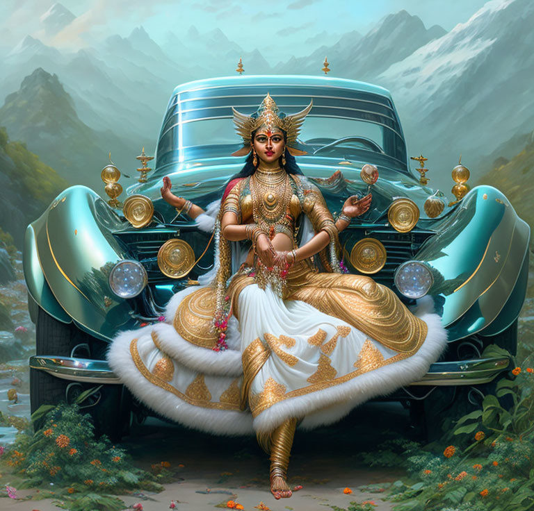 Golden multi-armed deity on fur, classic car, mountain backdrop