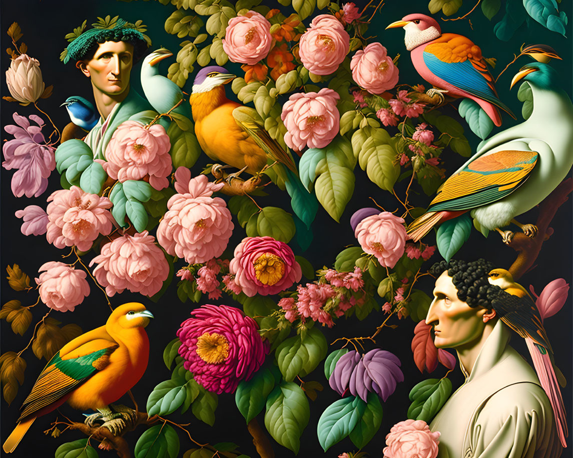 Colorful artwork: Classical statues, flowers, exotic birds