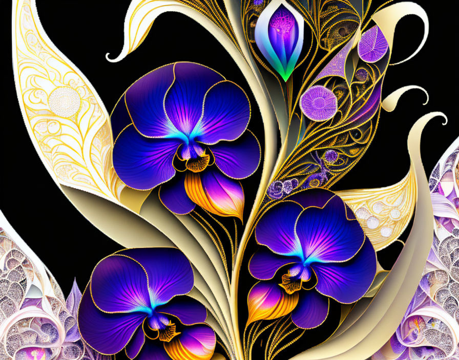 Purple and Gold Orchids on Black Background with White and Gold Designs