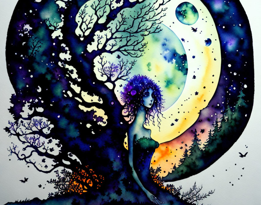 Female silhouette merges with whimsical tree under crescent moon in watercolor.