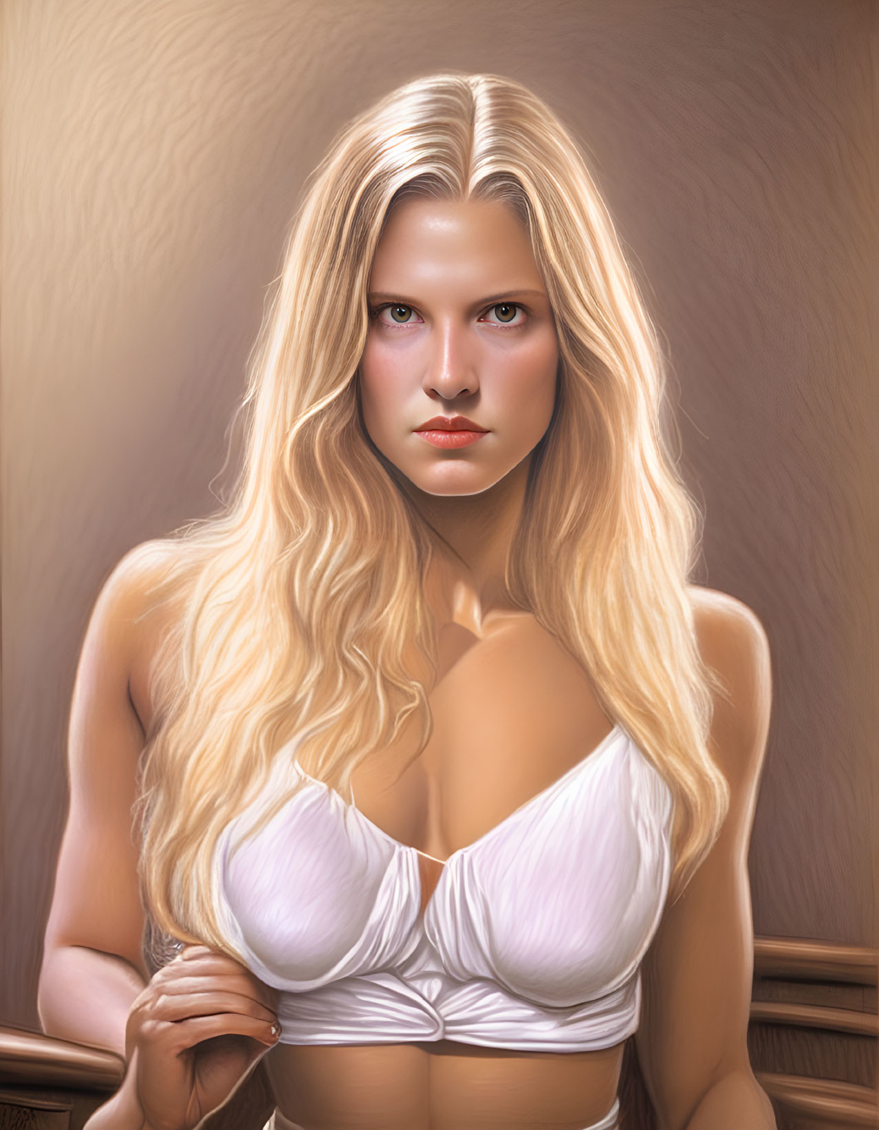 Blonde woman in white bra top with intense gaze on beige background