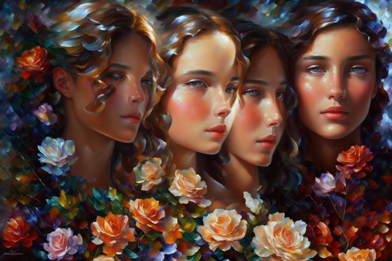 Four Women Among Vibrant Flowers in Harmonious Composition