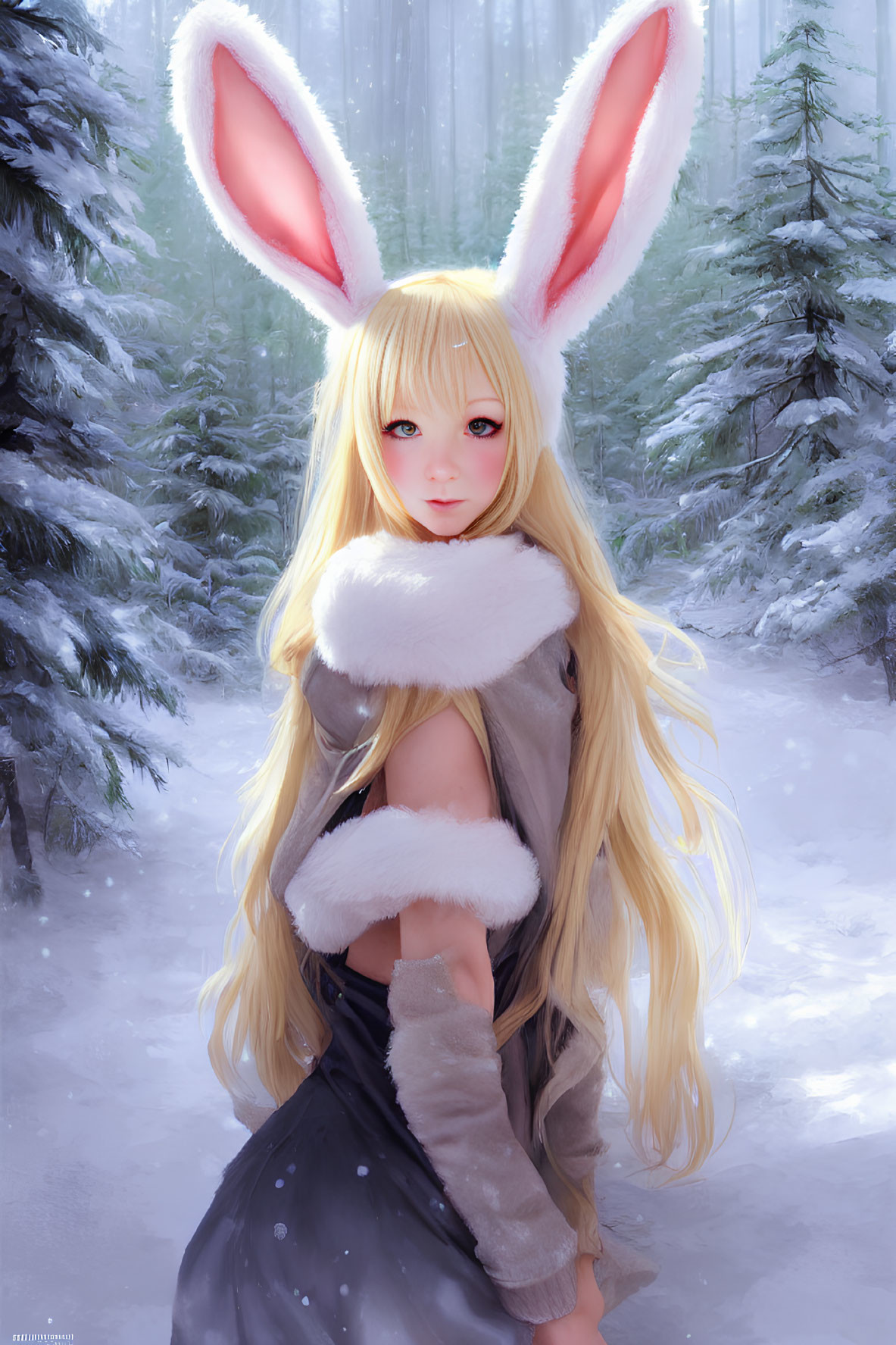 Blonde character with bunny ears in winter coat in snowy forest