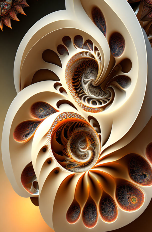 Fractal art: Cream, white, and orange spiraling patterns on dark background