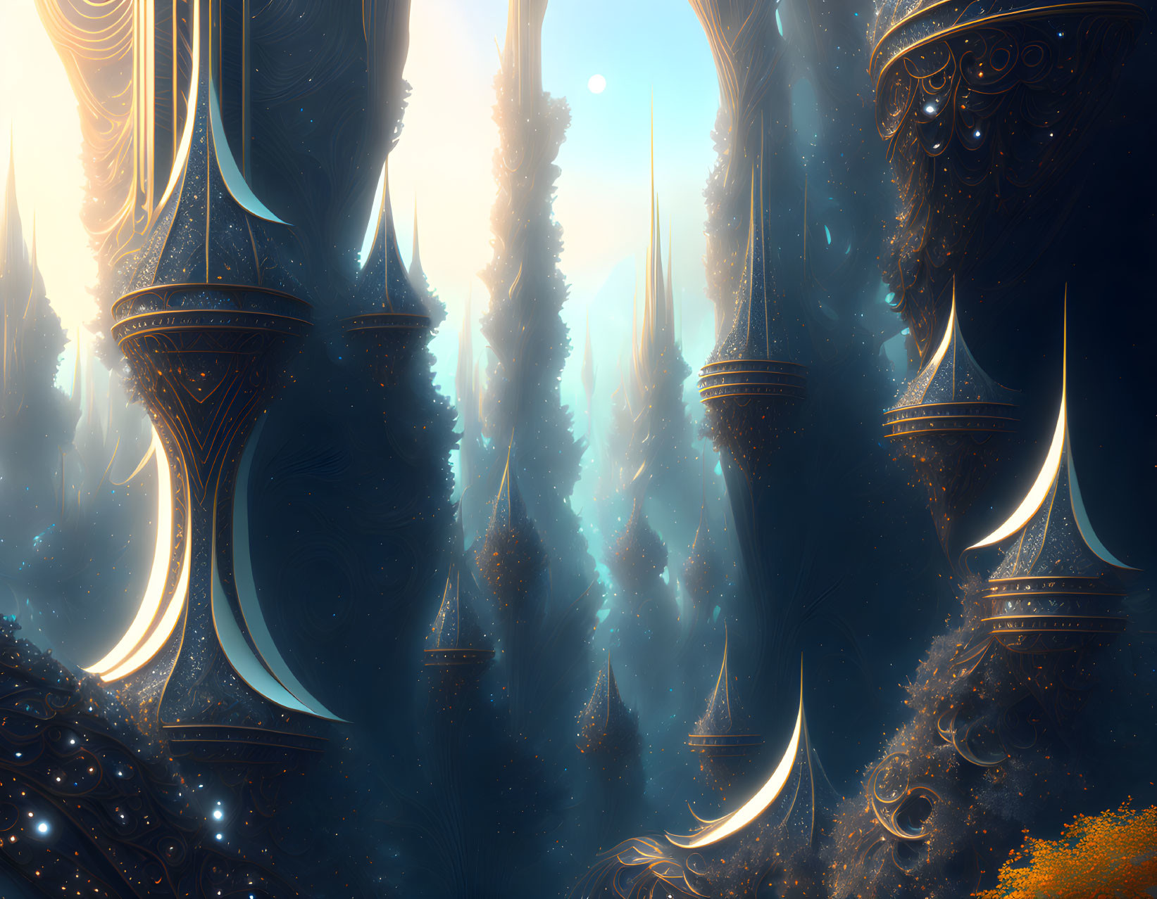 Mystical fantasy landscape with towering spires and intricate designs