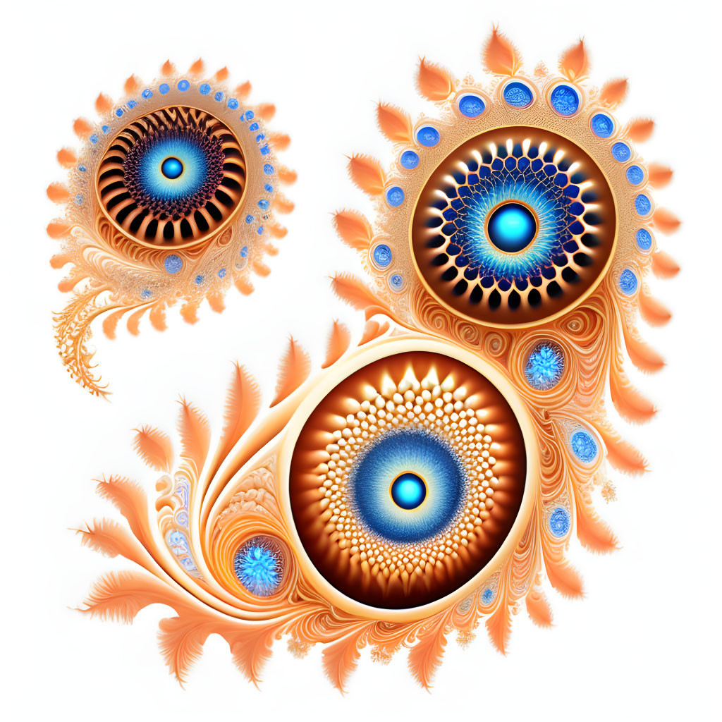 Abstract Fractal Design in Blue and Orange Resembling Peacock Feathers