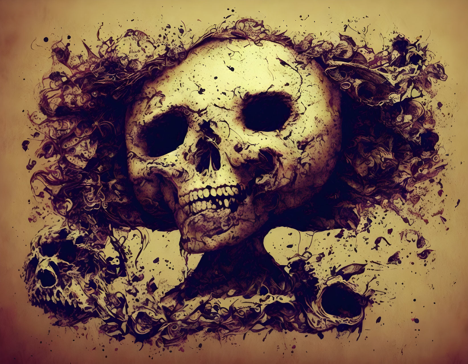 Intricate patterned skull dissolving in smoky swirls on sepia background