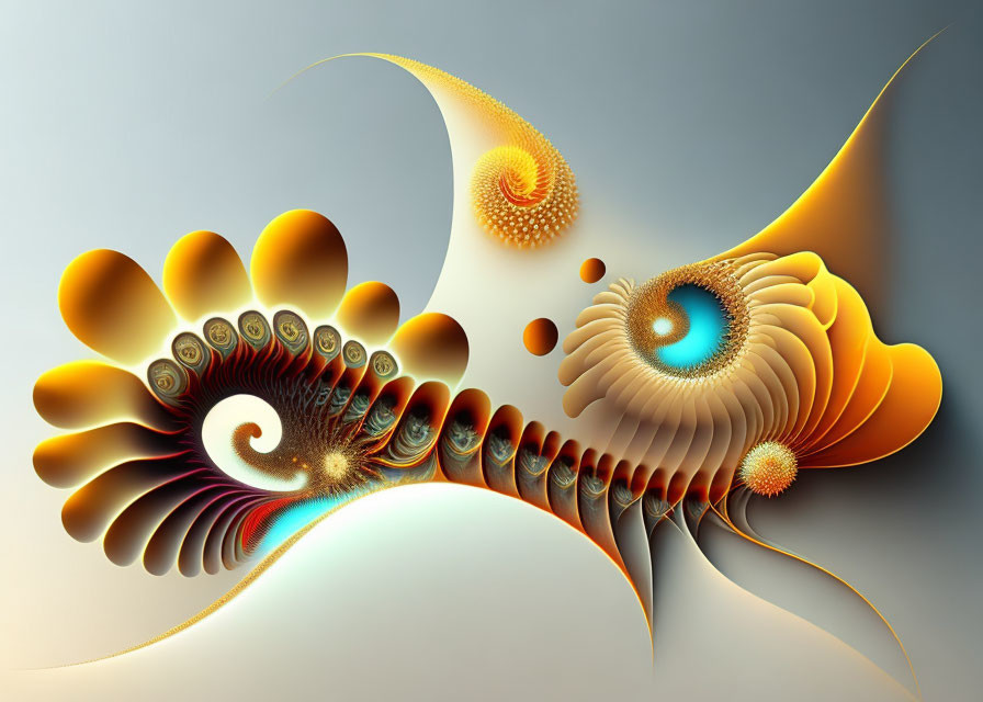 Abstract digital artwork: Spiral and organic shapes in orange, gold, and blue