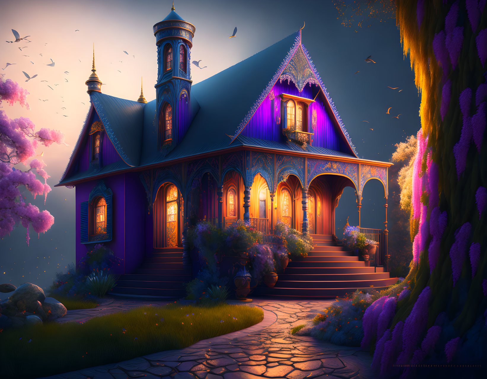 Victorian-style house at twilight with purple and orange hues, lush trees, flowers, and birds.