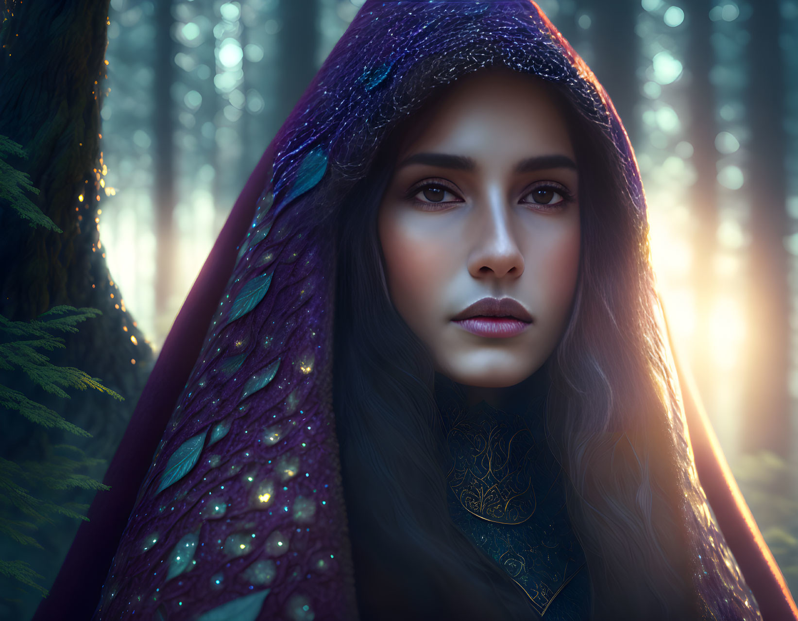 Mystical woman in peacock-feathered cloak in sunlit forest