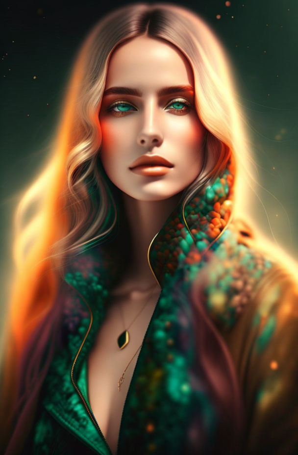 Vibrant digital portrait of a woman with flowing hair and green eyes