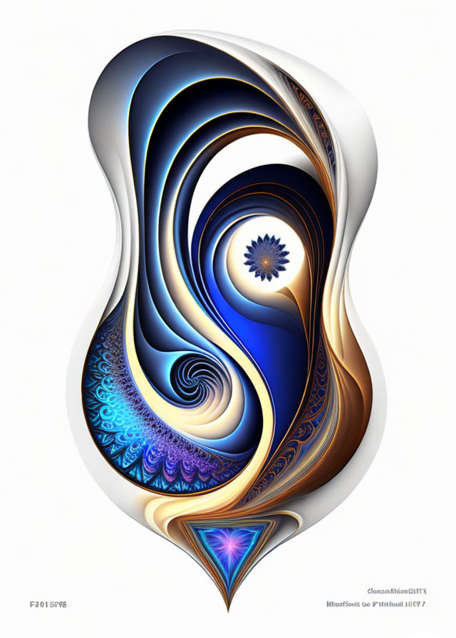 Abstract Digital Fractal Art: Blue, Gold, and White Swirls Form Peacock Design