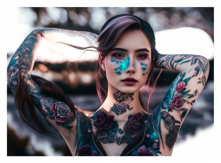 Colorful tattooed woman with glittery makeup in soft sunset light showcasing flowing hair and artistic body art