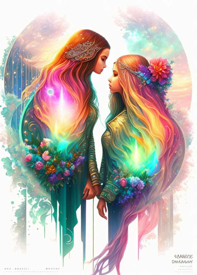 Ethereal women with colorful flowing hair in ornate clothing, surrounded by magical glow and flowers