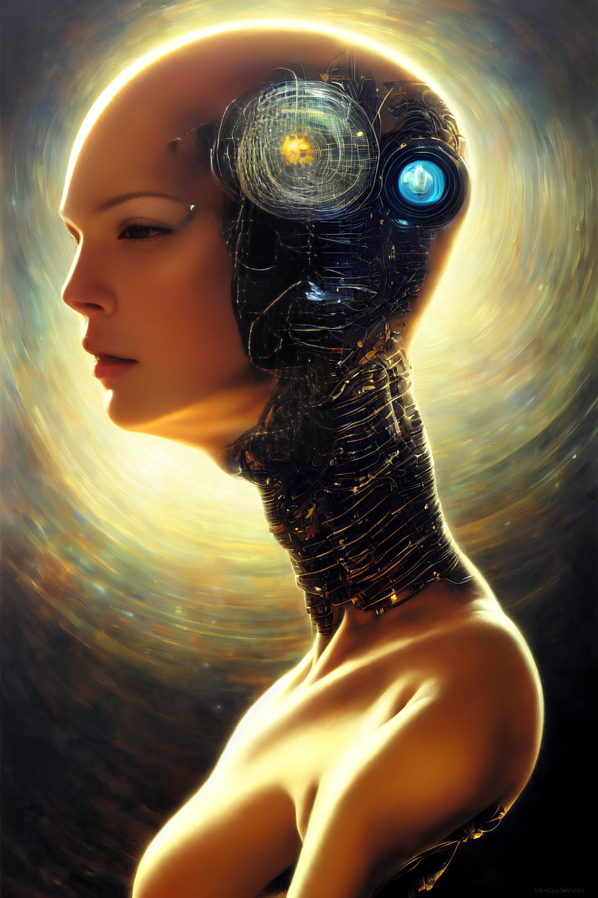 Bald Female Android with Mechanical Details in Cosmic Setting