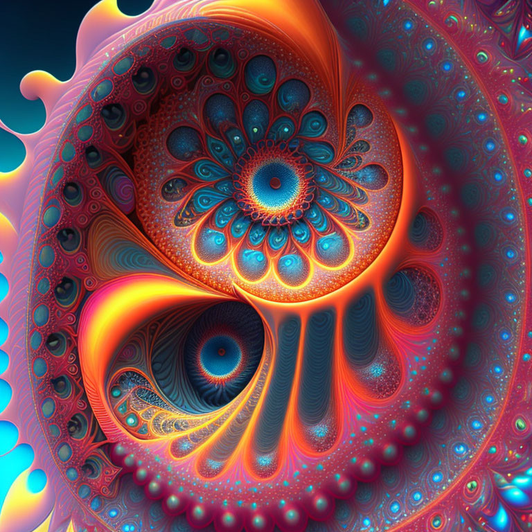 Colorful swirling fractal art with blue, orange, and red hues