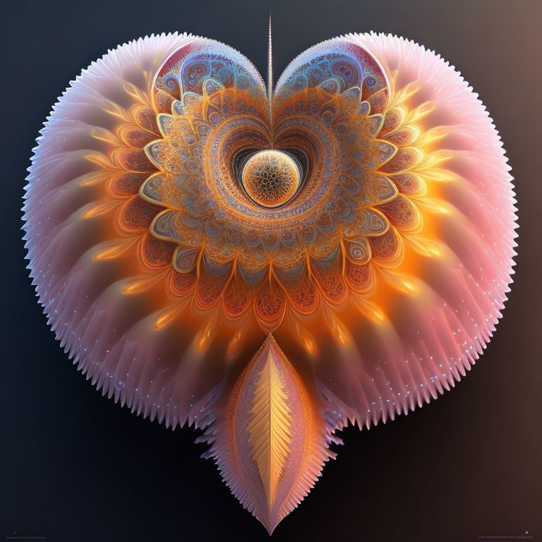 Heart-shaped fractal design with warm colors and intricate patterns on dark background